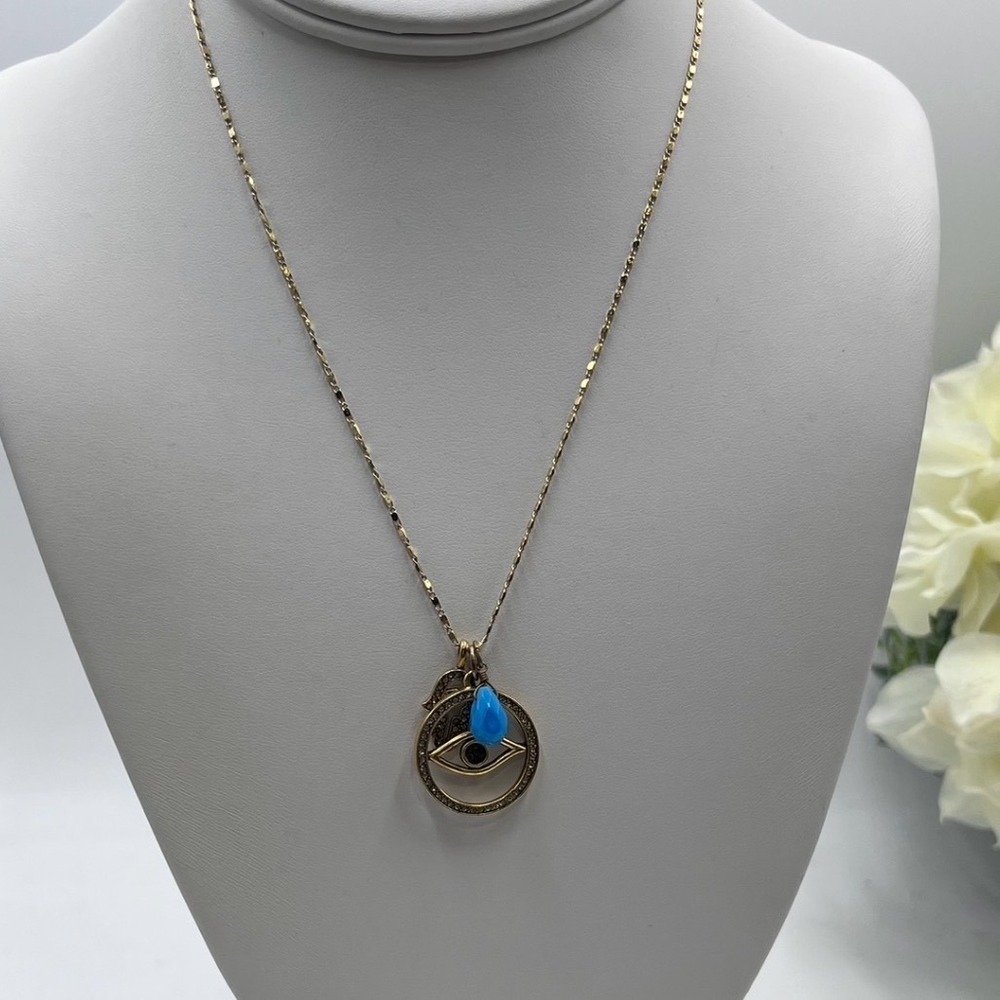 Sequin Gold Tone Blue Stone Evil Eye Pendant Necklace